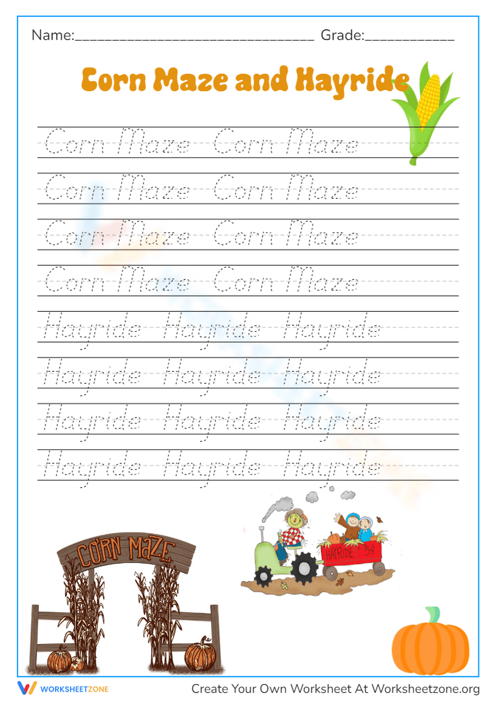Fall Cursive Writing Practice: Corn Maze & Hayride - K-1 Fun - Page 1
