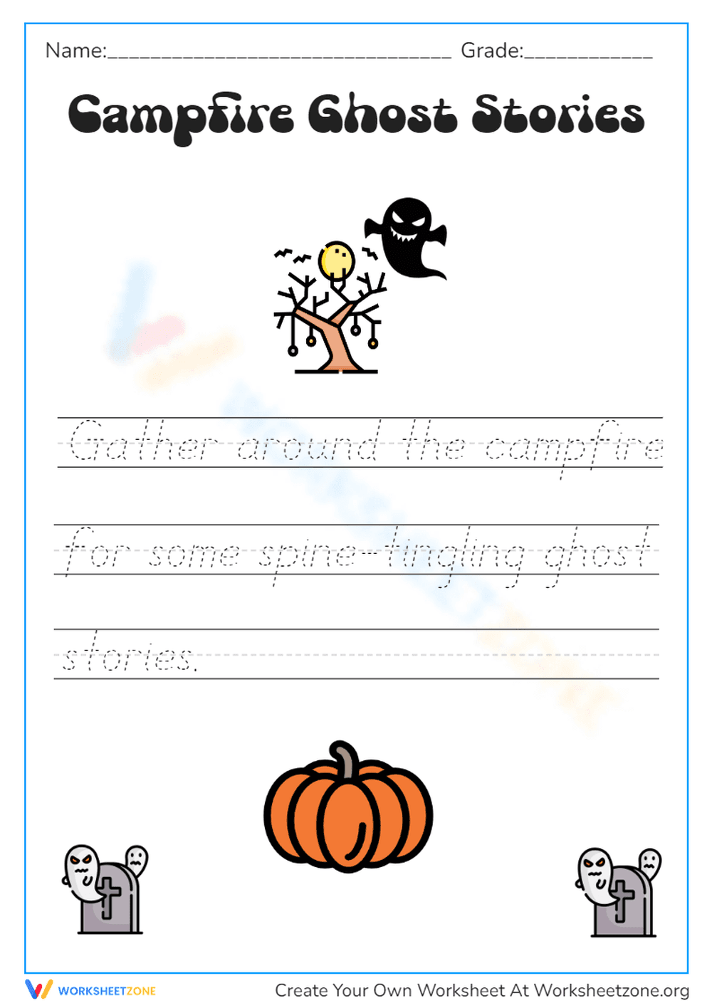 Halloween Cursive Writing Practice - Campfire Ghost Stories - Page 1