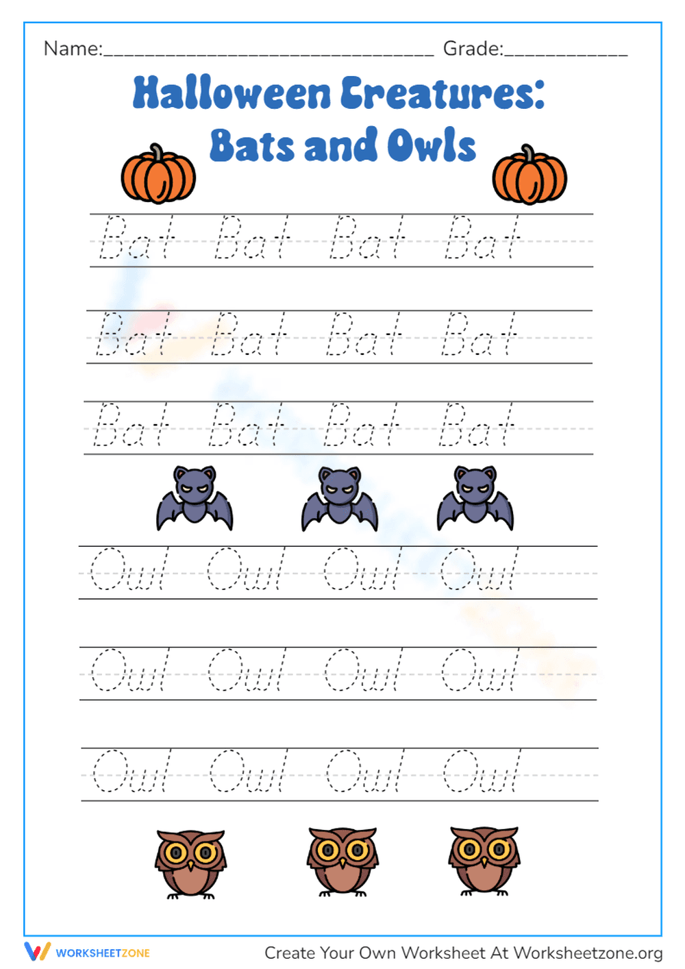 Halloween Bats & Owls Handwriting Practice Worksheet - Page 1