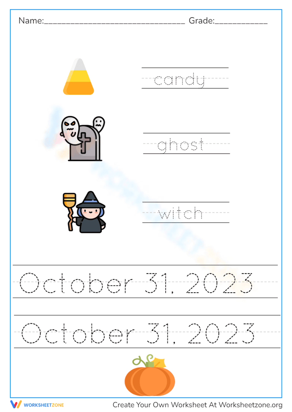 Grade 1 Halloween Tracing — Printable Worksheet - Page 1