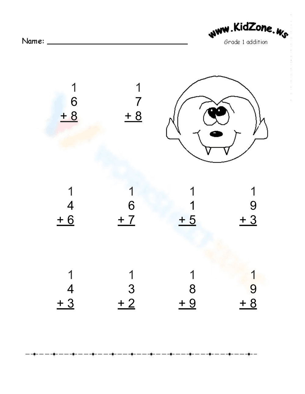 Grade 1 Addition Worksheet with Monster - Page 1