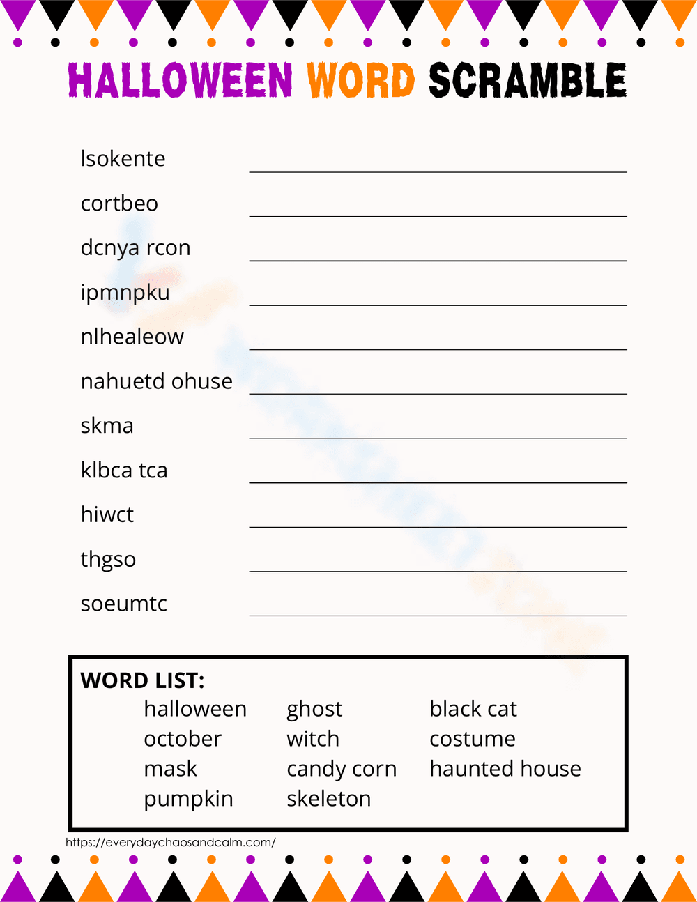 Halloween Word Scramble Educational Worksheet - Page 1