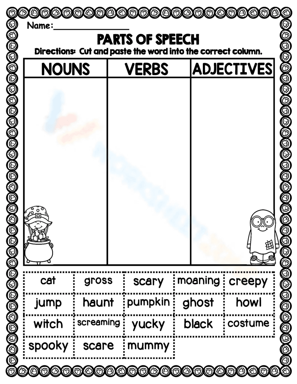 Parts of Speech Worksheet — Printable Grade 1 ELA - Page 1