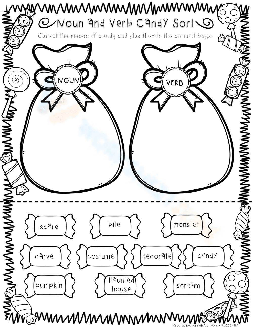 Halloween Grammar: Noun and Verb Candy Sort Worksheet - Page 1