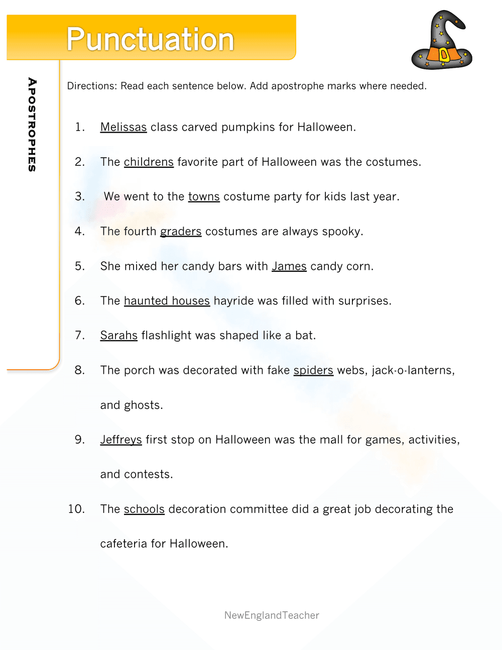 Halloween Punctuation: Quotation Marks & Apostrophes Worksheet - Page 1