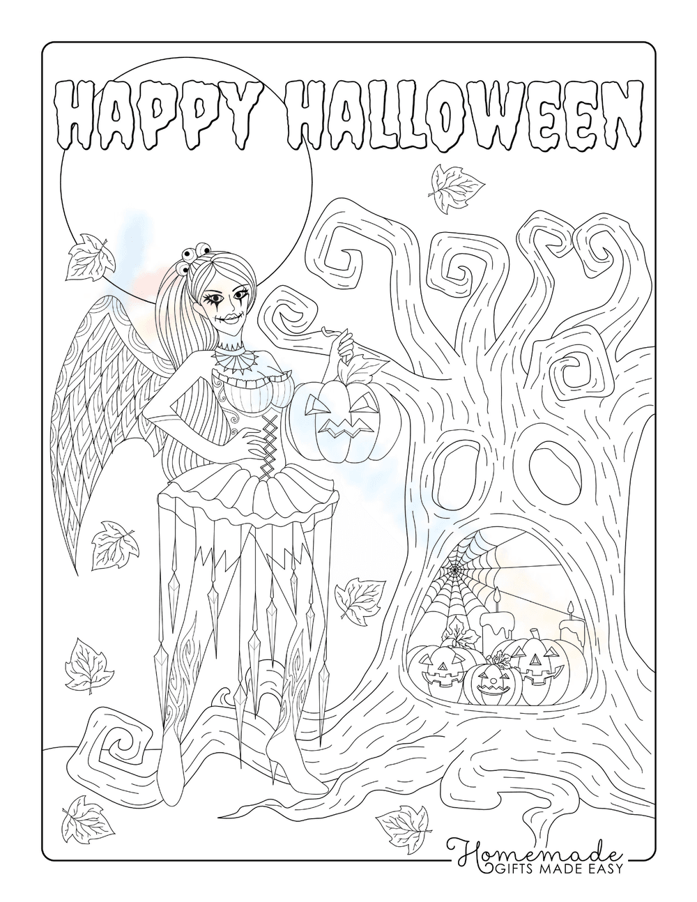 Halloween Goth Fairy Scene Coloring Page - Page 1