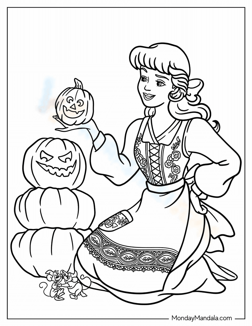 Cinderella Making Jack-o'-Lantern Coloring Page - Page 1