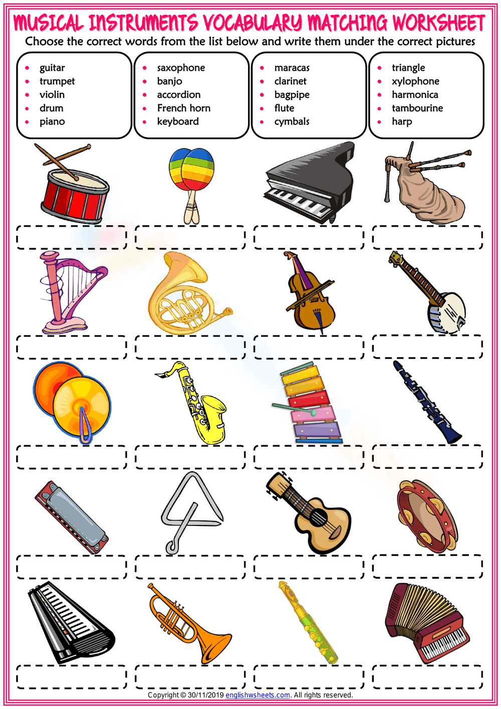 Musical Instruments Worksheet for Education - Page 1