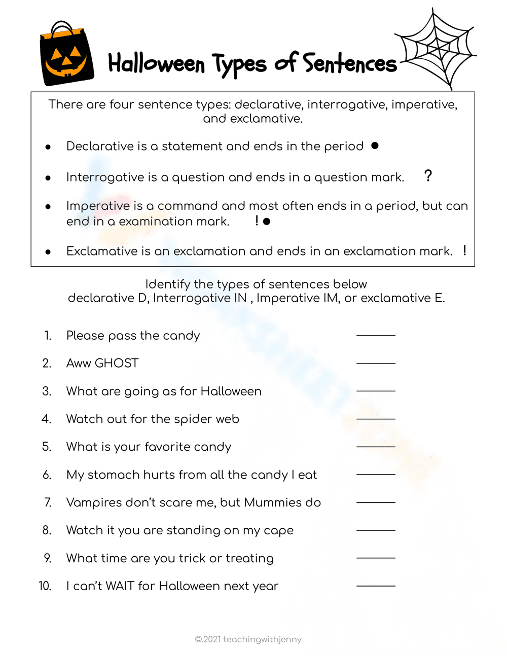 Halloween Sentence Types — Essential Grade 1-2 Worksheet - Page 1