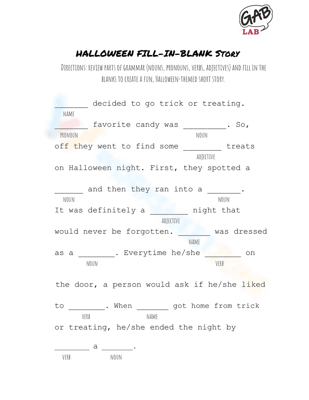 Grade 1 Parts of Speech — Printable Halloween Worksheet - Page 1