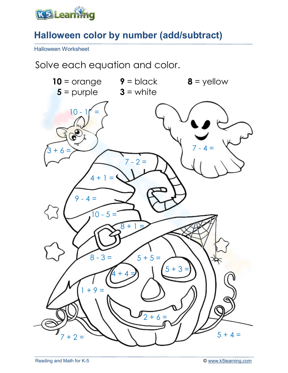 Halloween Color by Number Worksheet - Page 1