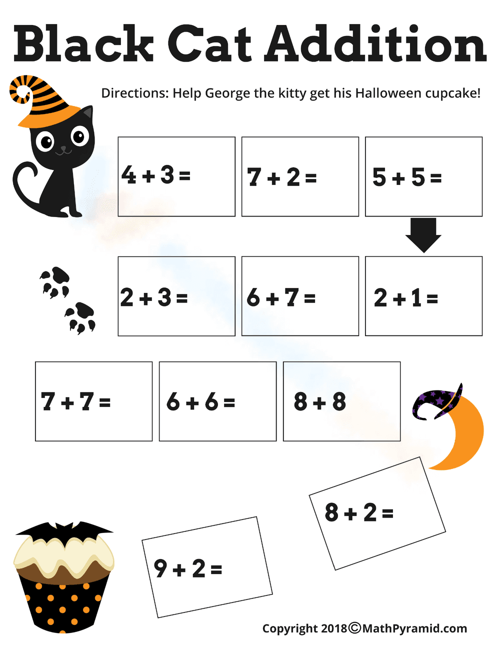 Halloween Black Cat Addition Worksheet - Page 1