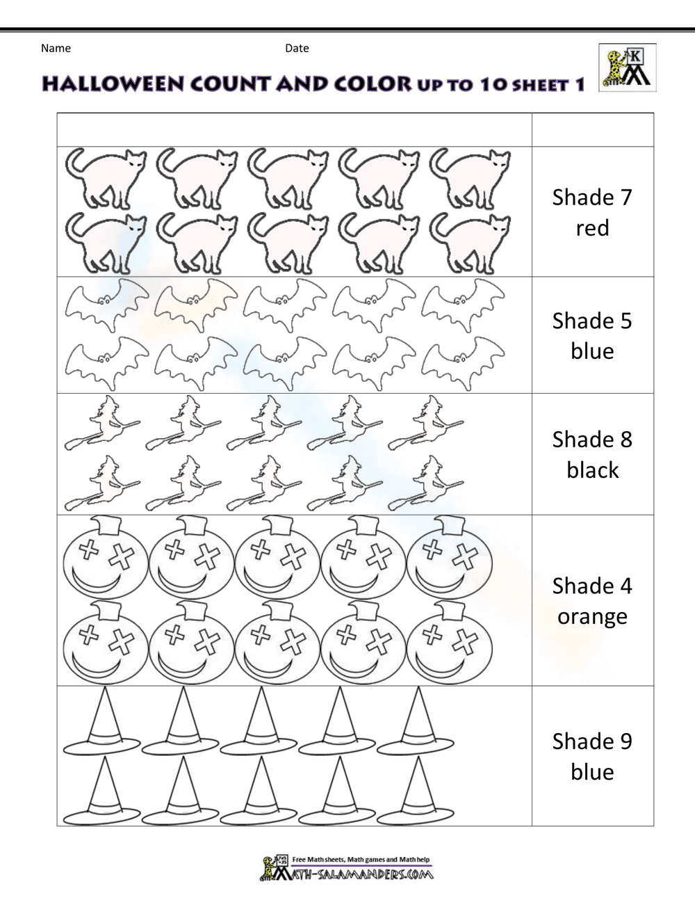 Count and Color Up to 10 Halloween Worksheet - Page 1