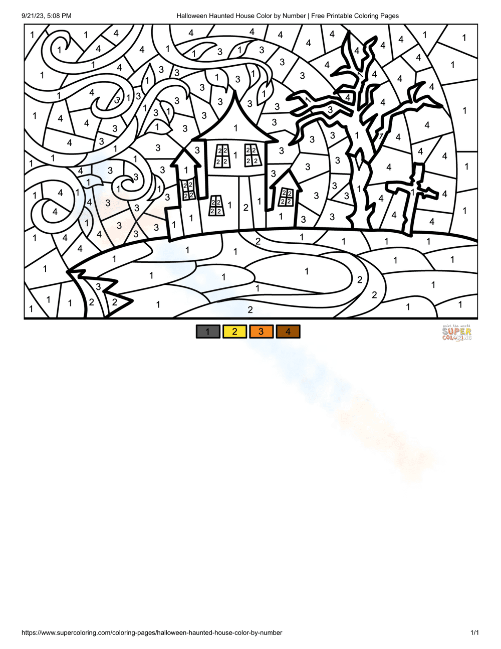 Halloween Haunted House Color by Number Worksheet - Page 1