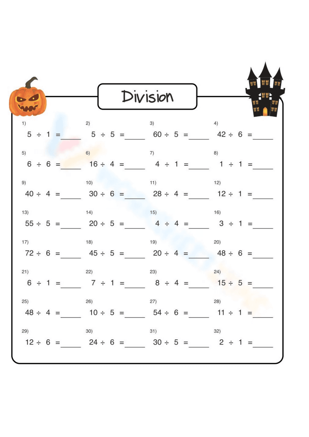 3rd Grade Halloween Division Worksheet - Page 1