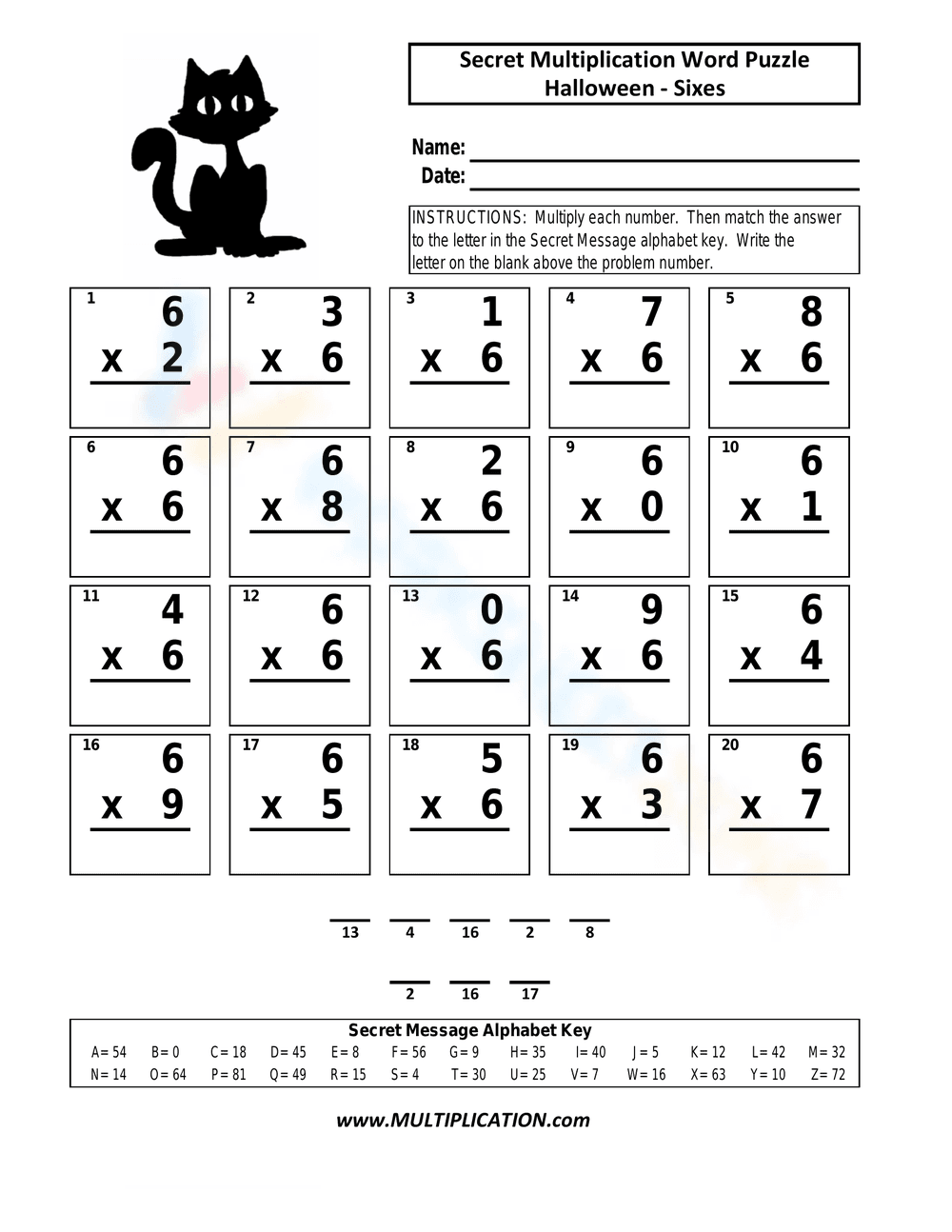 Solve Secret Multiplication Word Puzzle Fun - Page 1