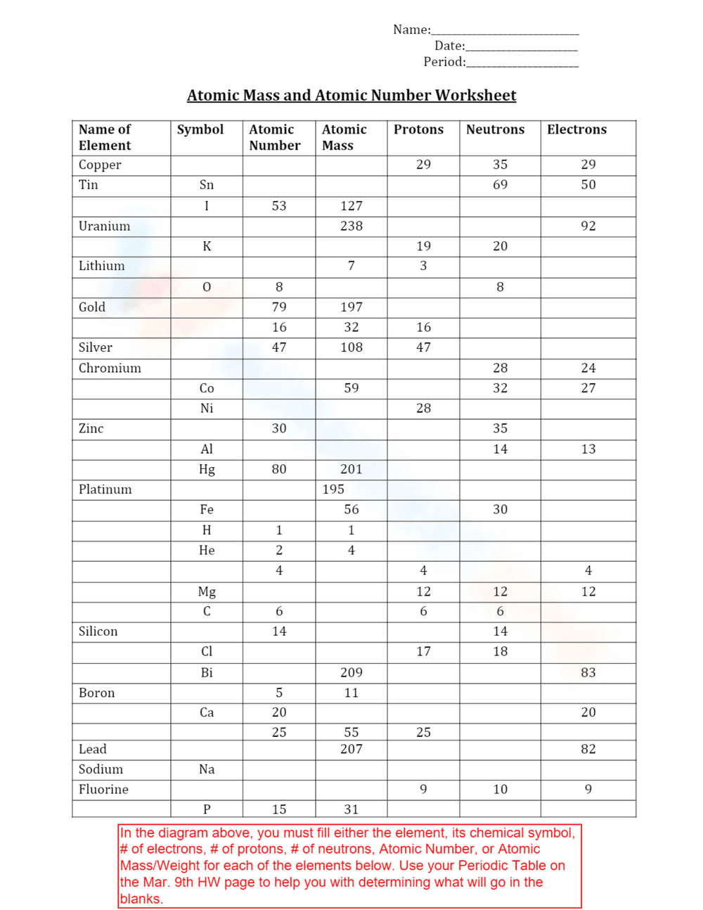 Atomic Mass & Number Worksheet | Printable Grade 8 - Page 1