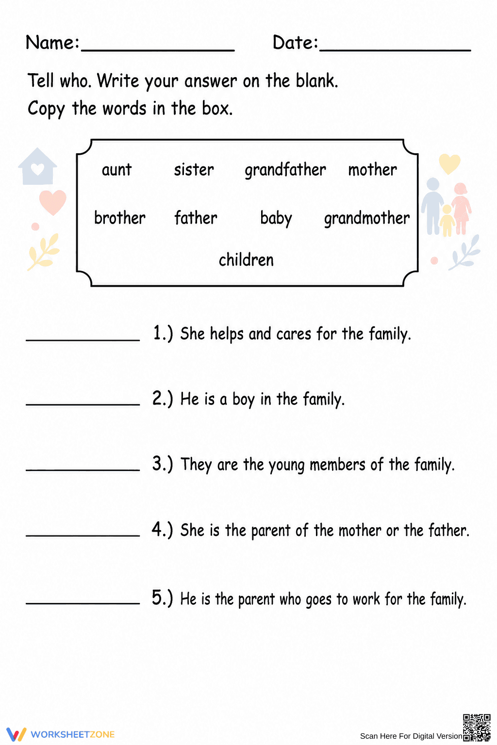 Family Roles Worksheet | Grade 1 Essential Practice - Page 1