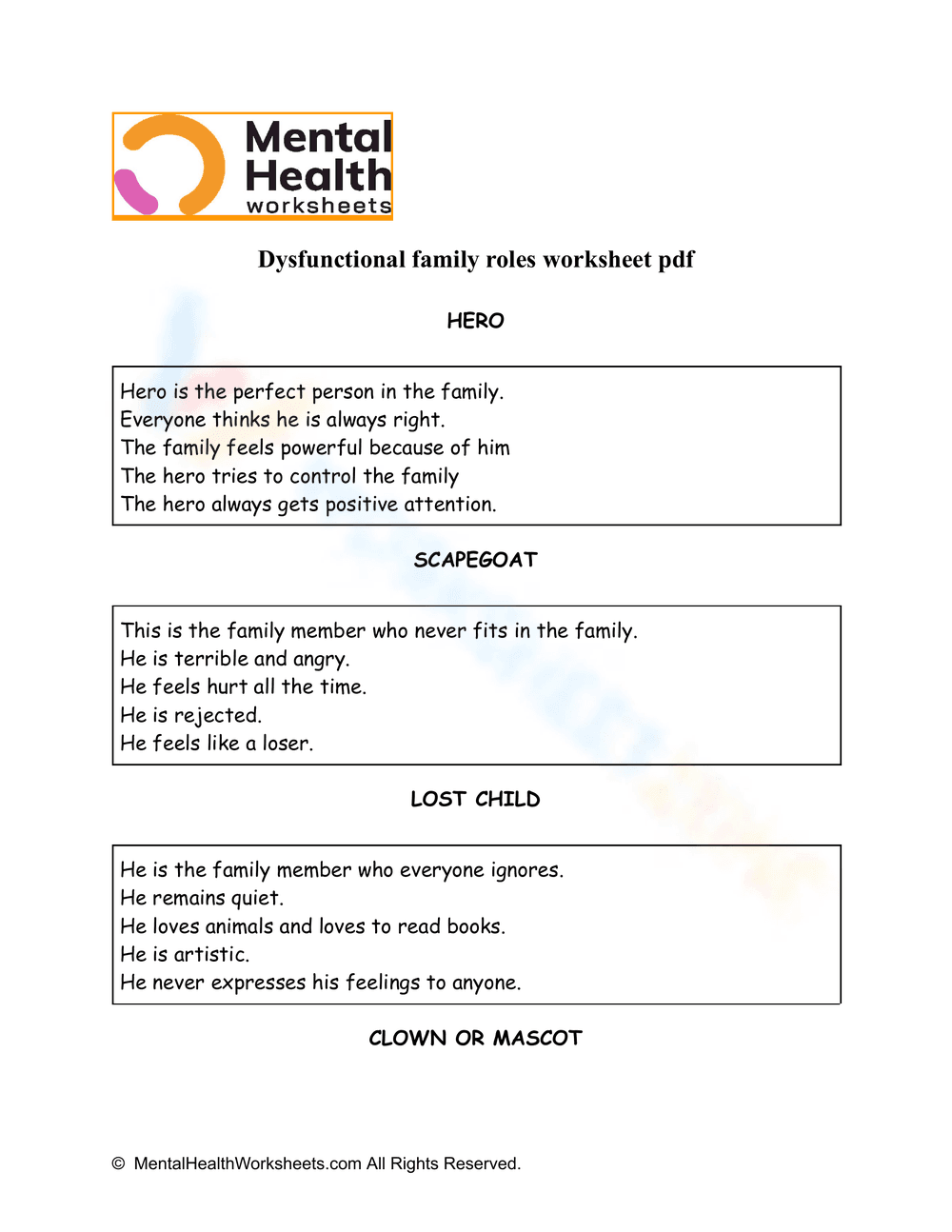 Dysfunctional Family Roles Worksheet - Page 1