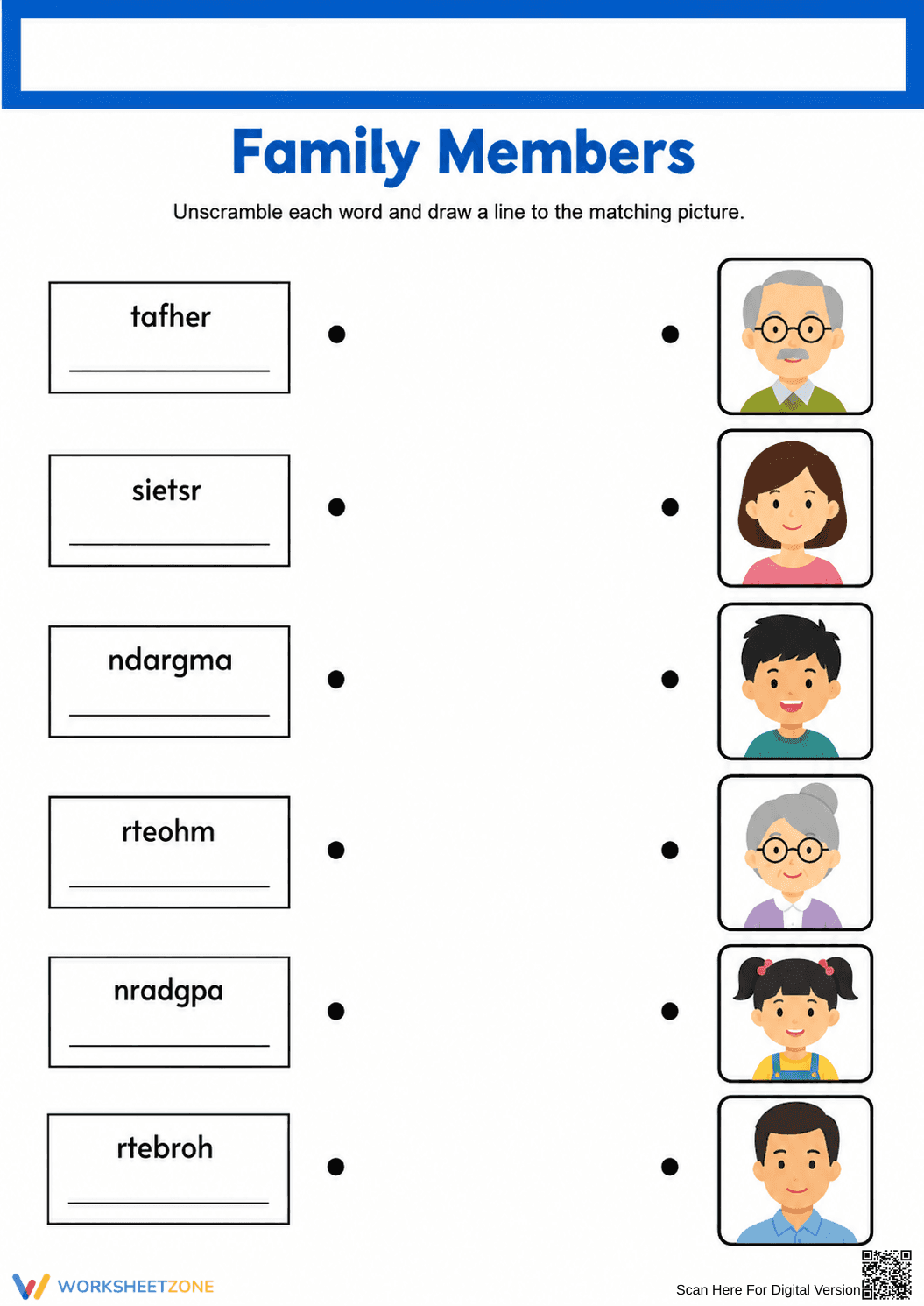 Printable Family Members Matching Worksheet | Grade 1 - Page 1