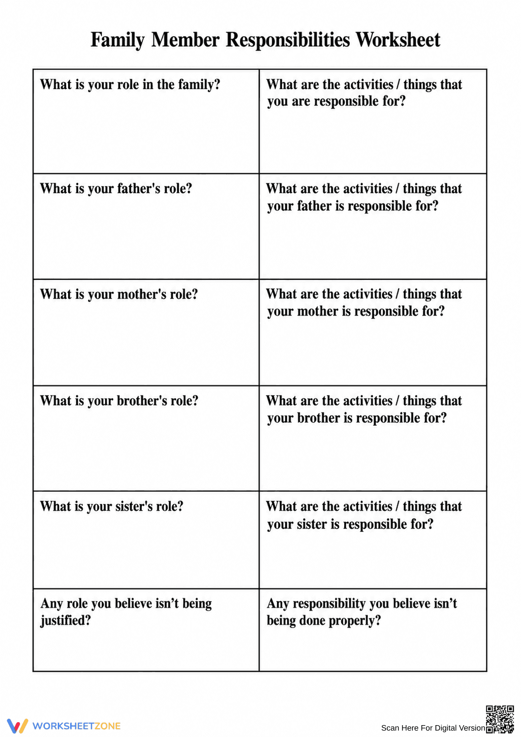 Essential Family Member Responsibilities Worksheet | Grade 2 - Page 1