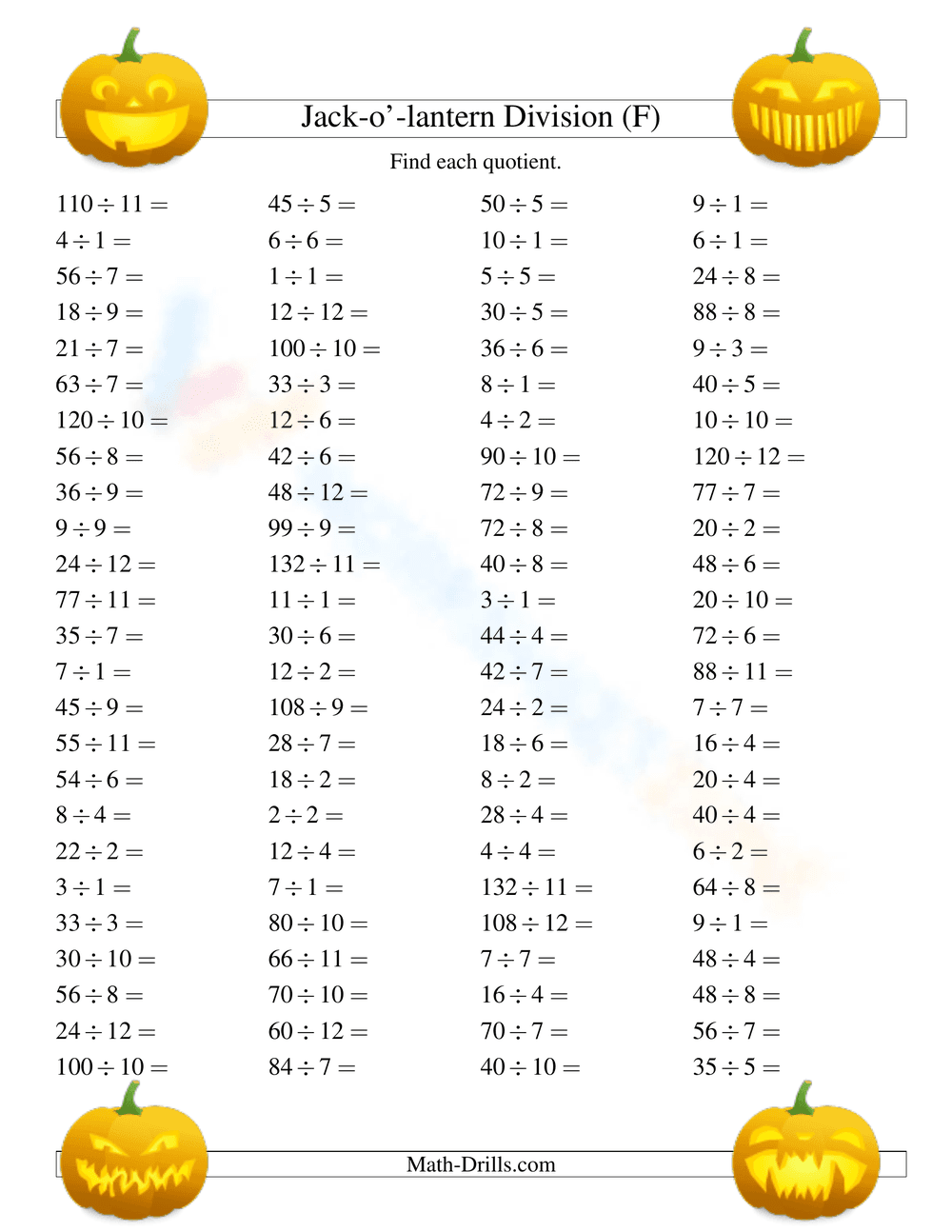 Jack-o-Lantern Division Worksheet for Math Practice - Page 1