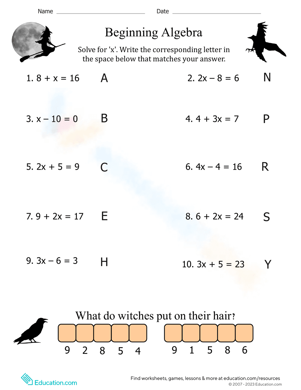 Algebra for Beginners Worksheet - Page 1
