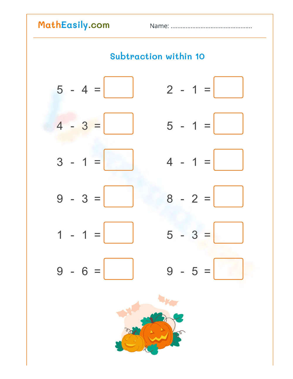 Halloween Subtraction Within 10 - Page 1