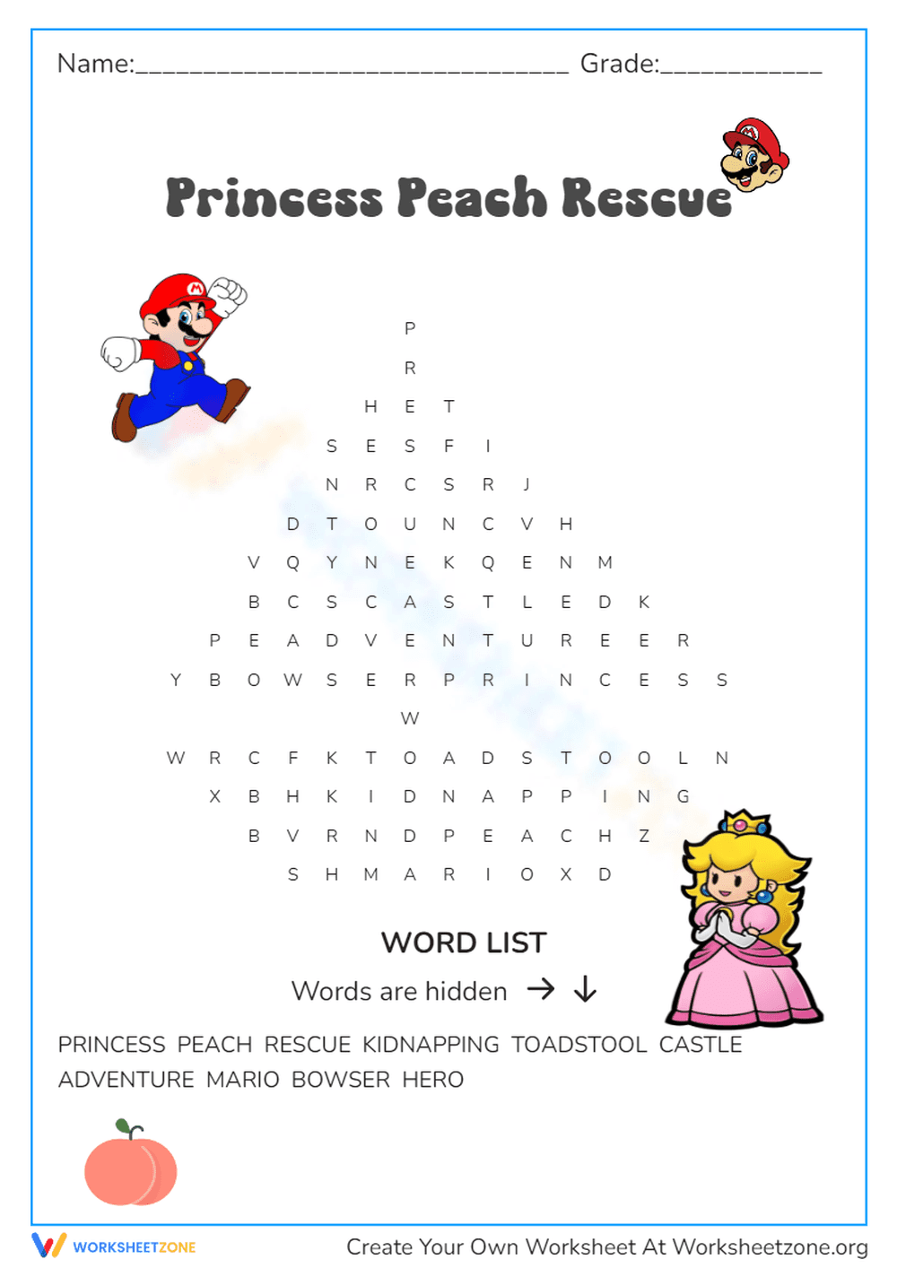 Princess Peach Word Search | Printable Grade 3 - Page 1