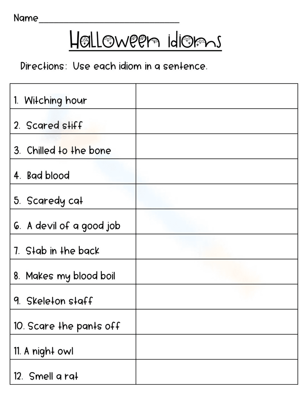 Halloween Idioms in Sentences Worksheet - Page 1