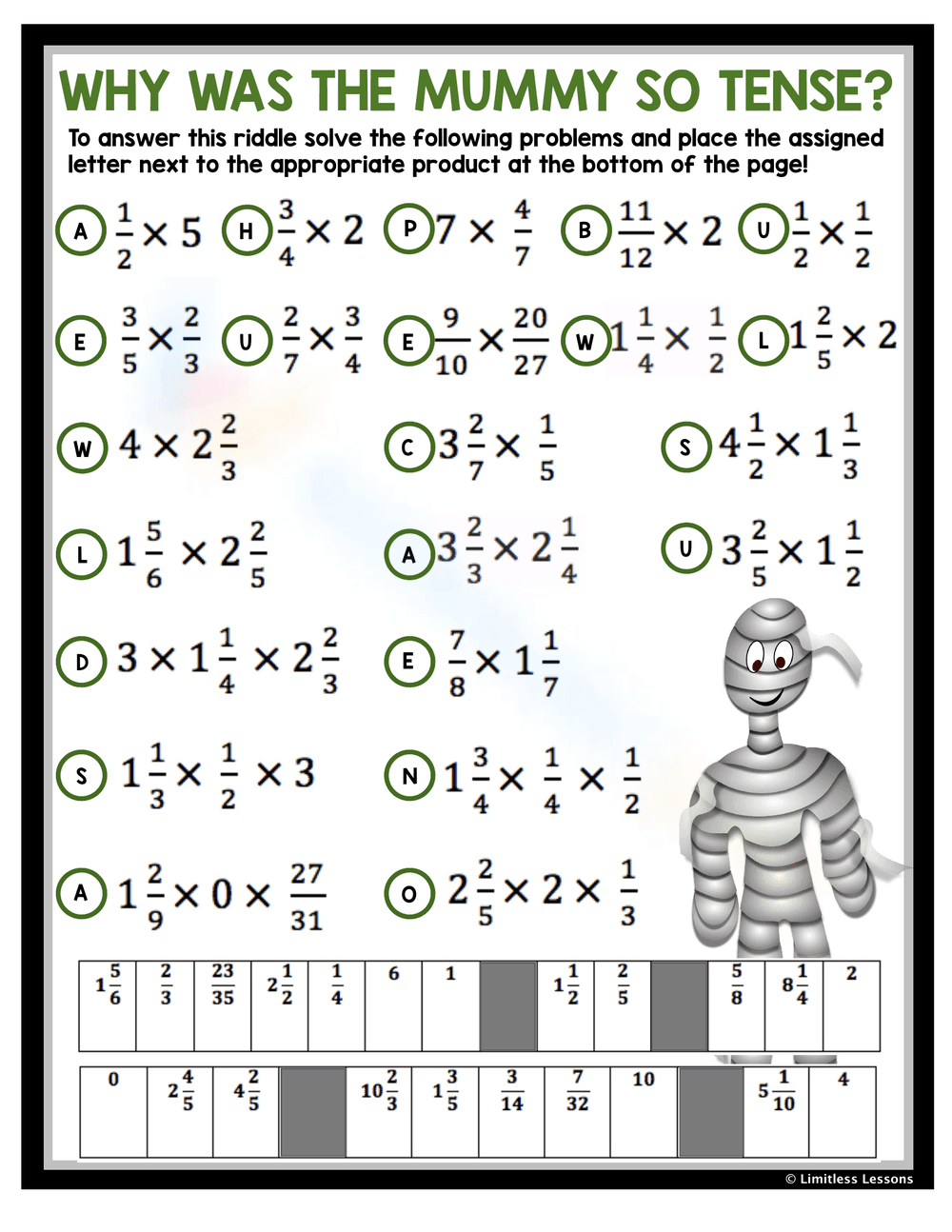Halloween Multiply Fractions Riddle Worksheet - Page 1