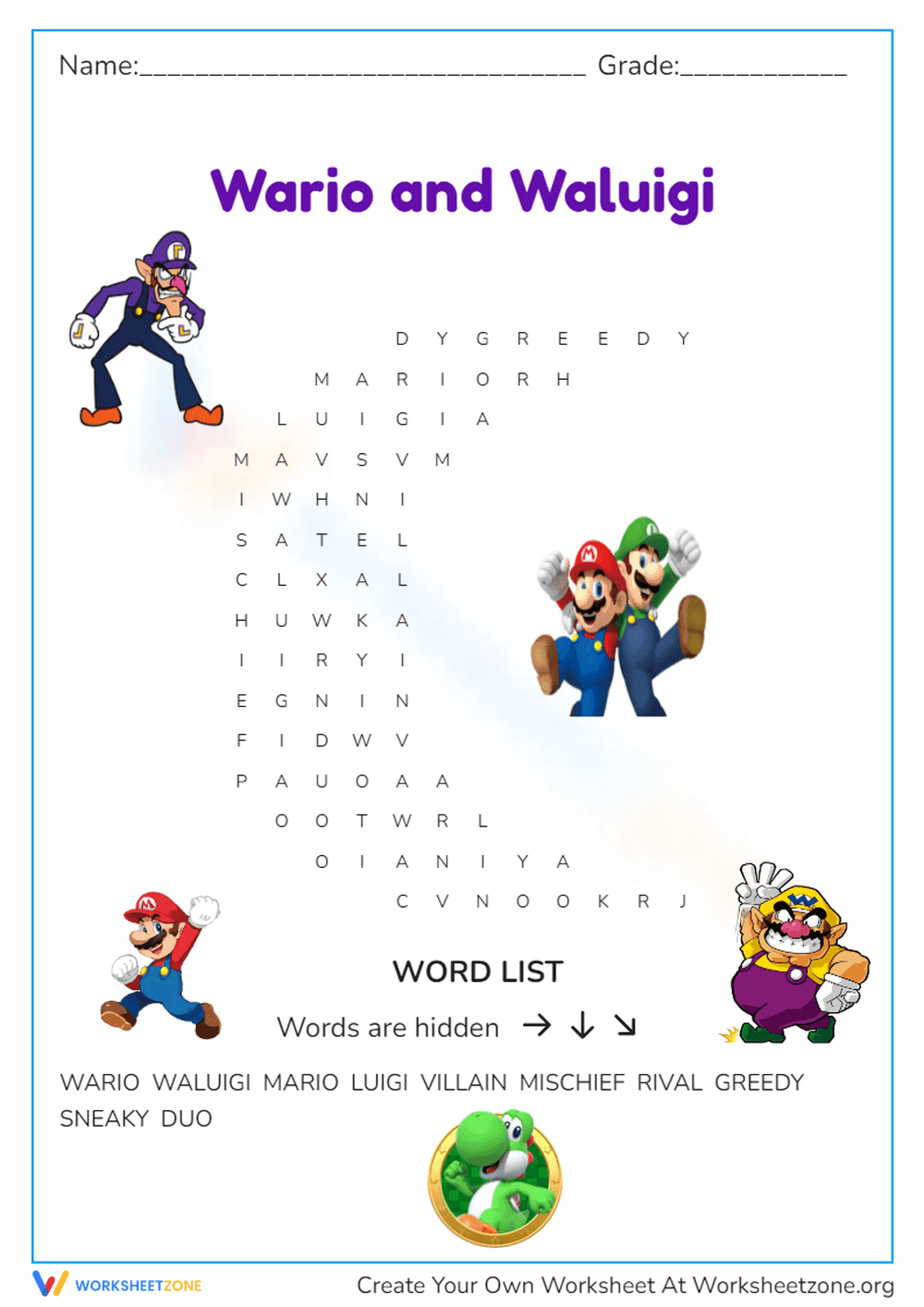 Wario and Waluigi Word Search | Printable Grade 3 - Page 1