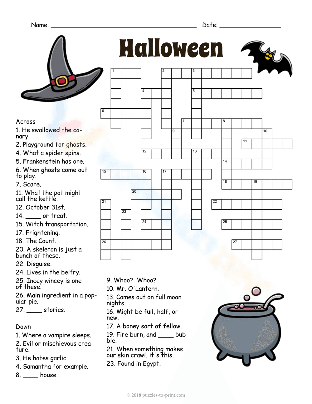 Halloween Crossword Puzzle Worksheet - Page 1