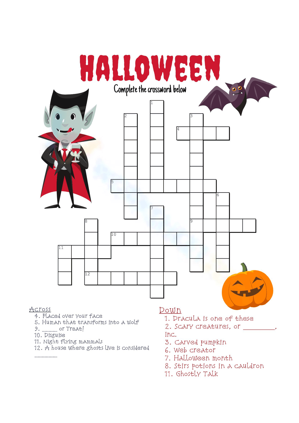 Fun Halloween Crossword Puzzle Worksheet - Page 1
