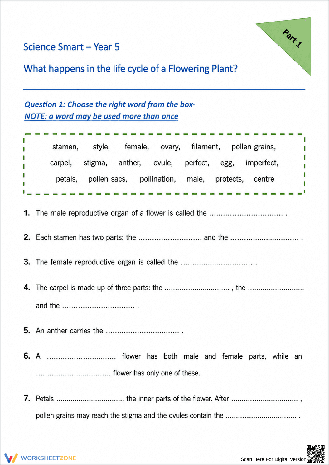 Grade 5 Plant Life Cycle — Printable No-Prep Worksheet - Page 1