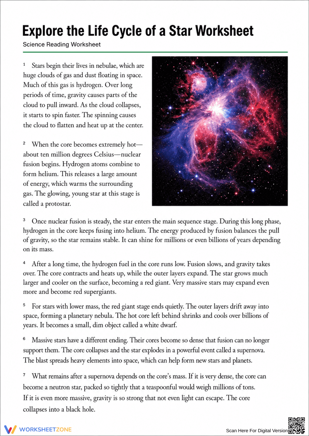 Essential Life Cycle of a Star Worksheet | Grades 6-9 - Page 1