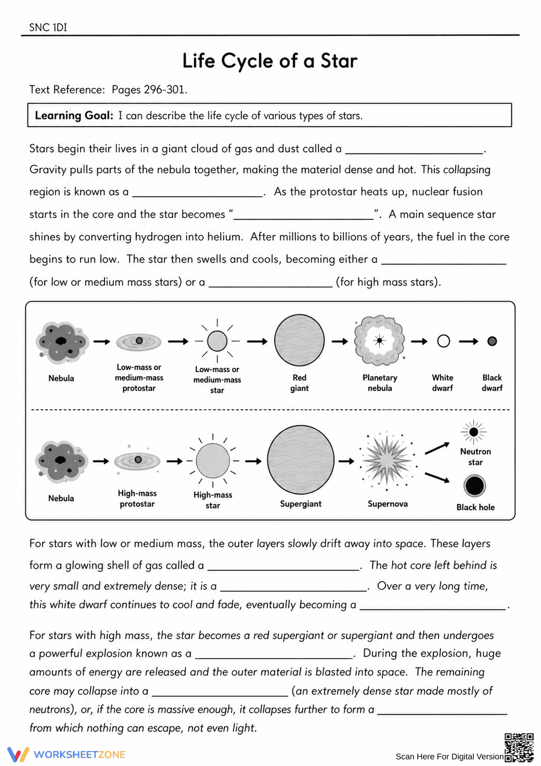 Grade 8 Star Life Cycle — Printable No-Prep Worksheet - Page 1