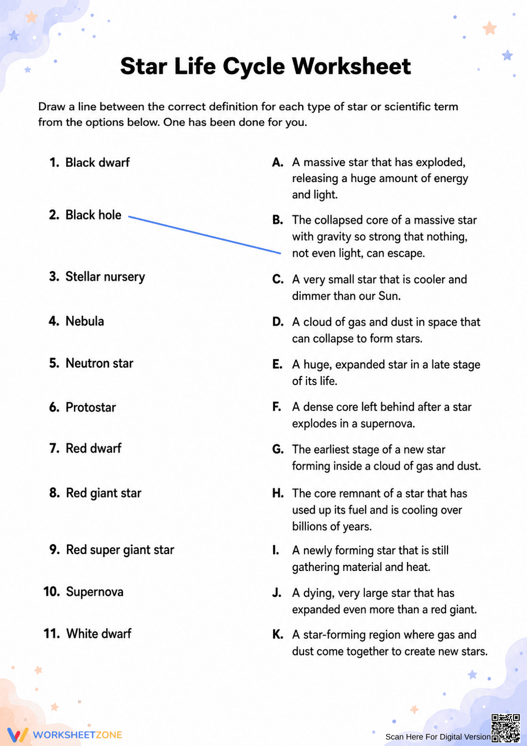 Grade 8 Star Life Cycle — Printable No-Prep Worksheet - Page 1
