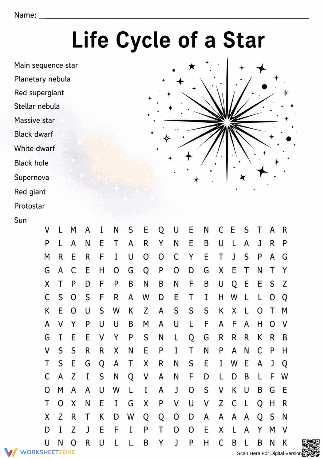 Grade 6-9 Star Life Cycle — Printable No-Prep Worksheet - Page 1