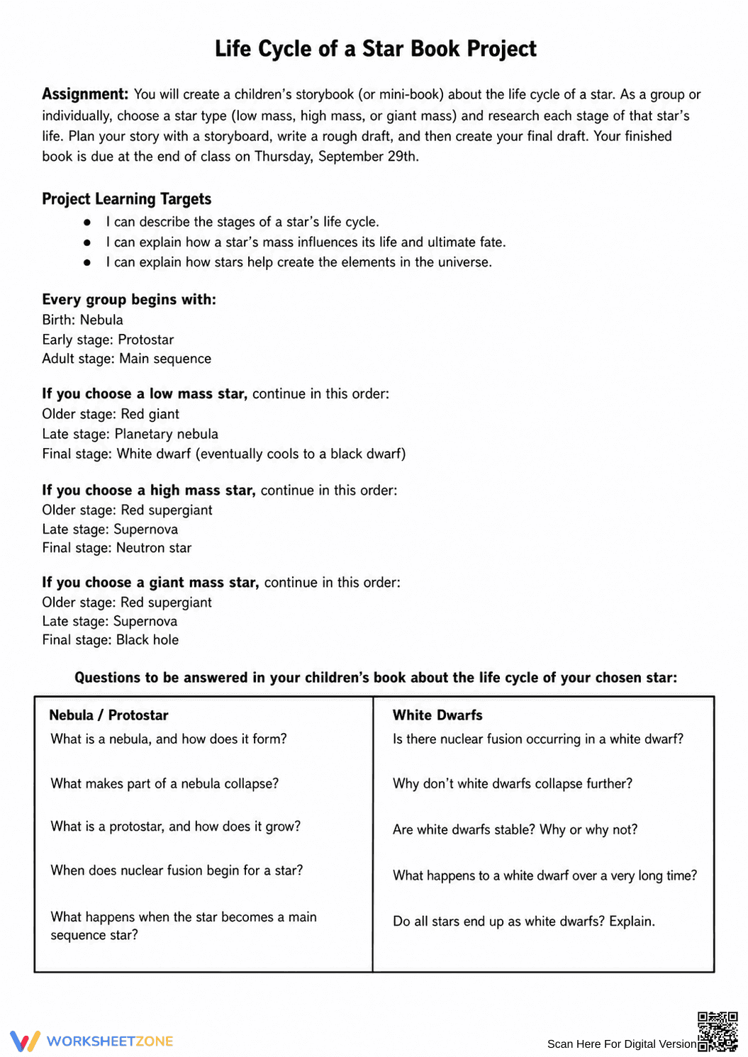 Grade 9 Star Life Cycle — Printable No-Prep Worksheet - Page 1