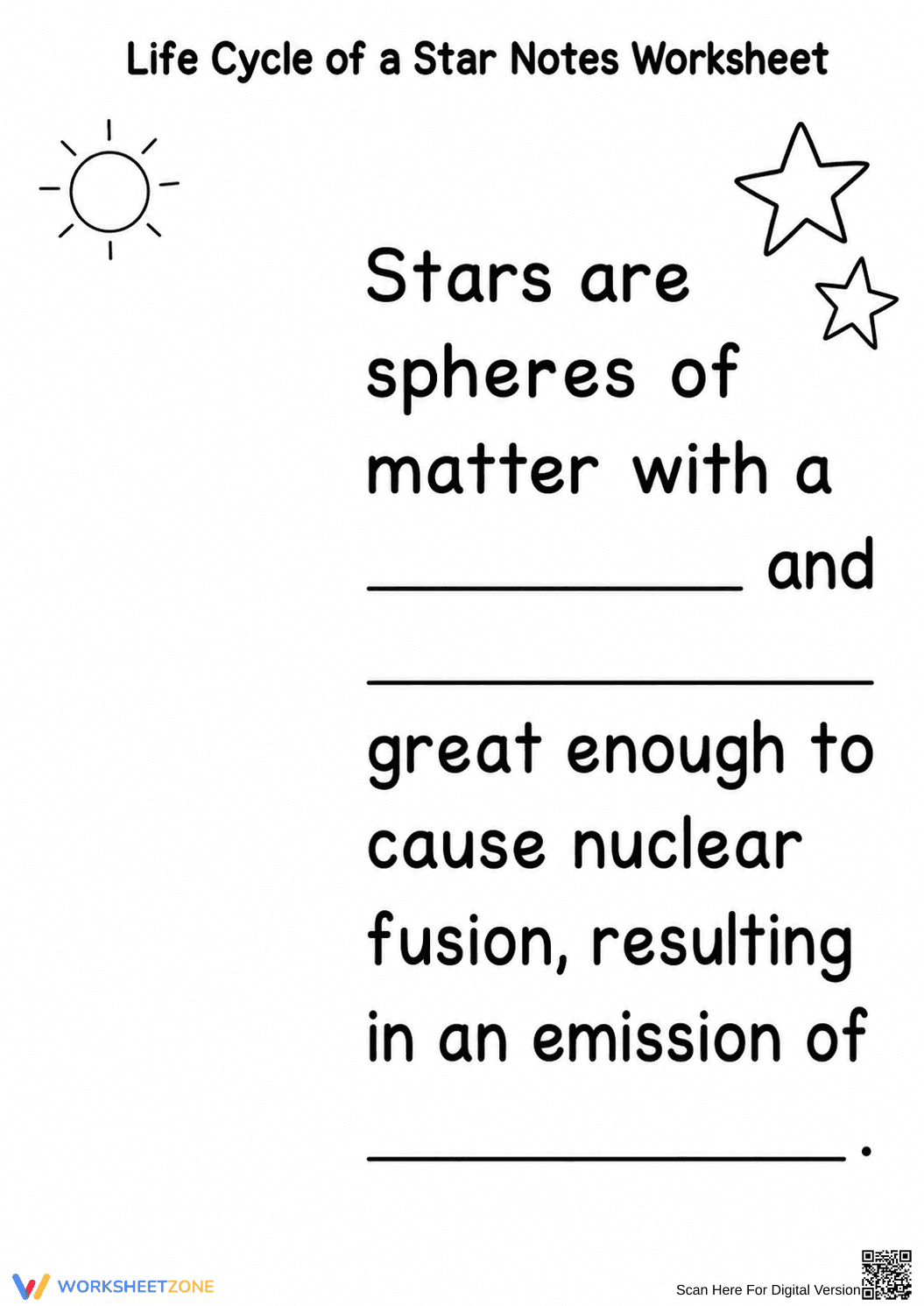 Star Life Cycle Notes Worksheet | Grade 6 Science Printable - Page 1