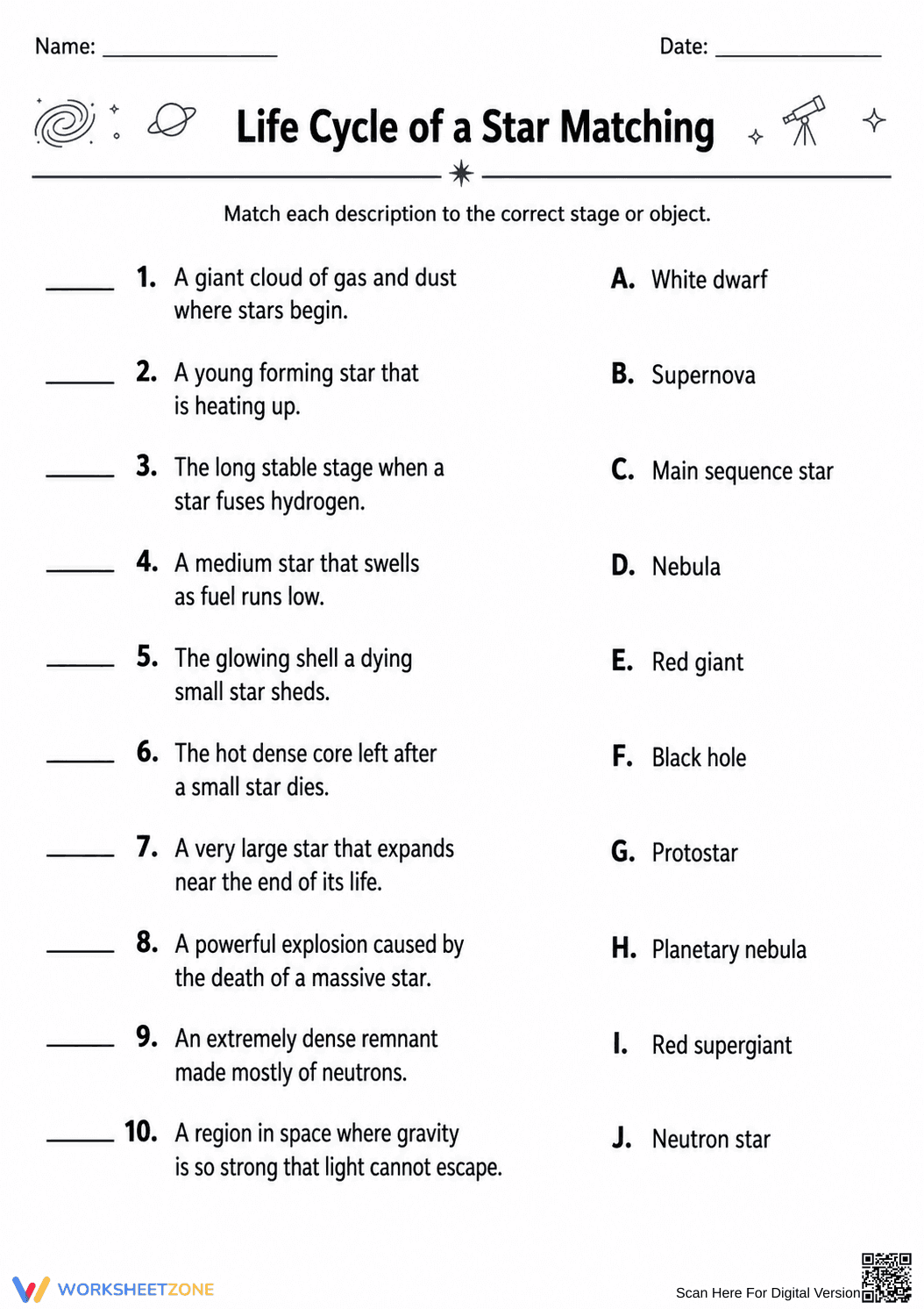 Life Cycle of a Star Matching | Essential Science Worksheet - Page 1
