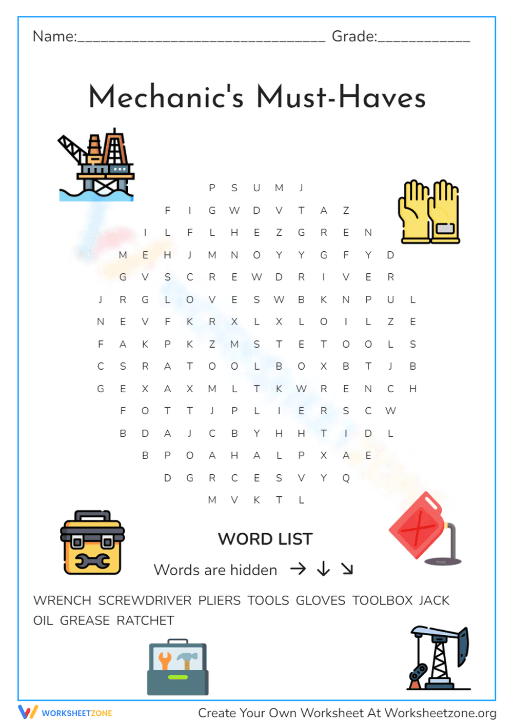 Printable Mechanic Tools Word Search | Grade 3 - Page 1