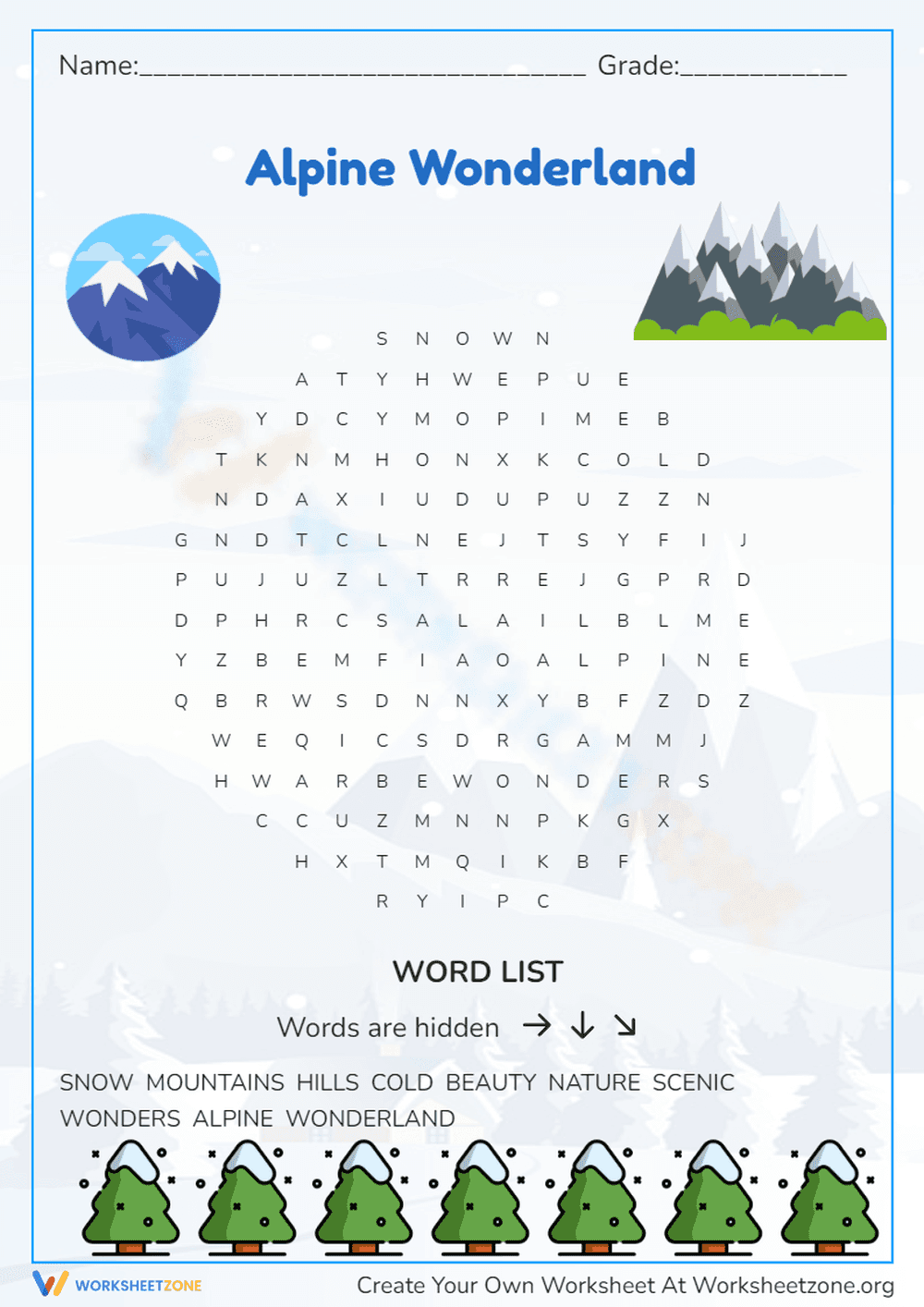 Alpine Wonderland Word Search | Essential Grade 1-5 - Page 1