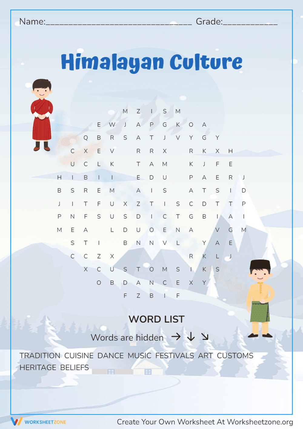 Himalayan Culture Word Search | Grade 3 Printable - Page 1