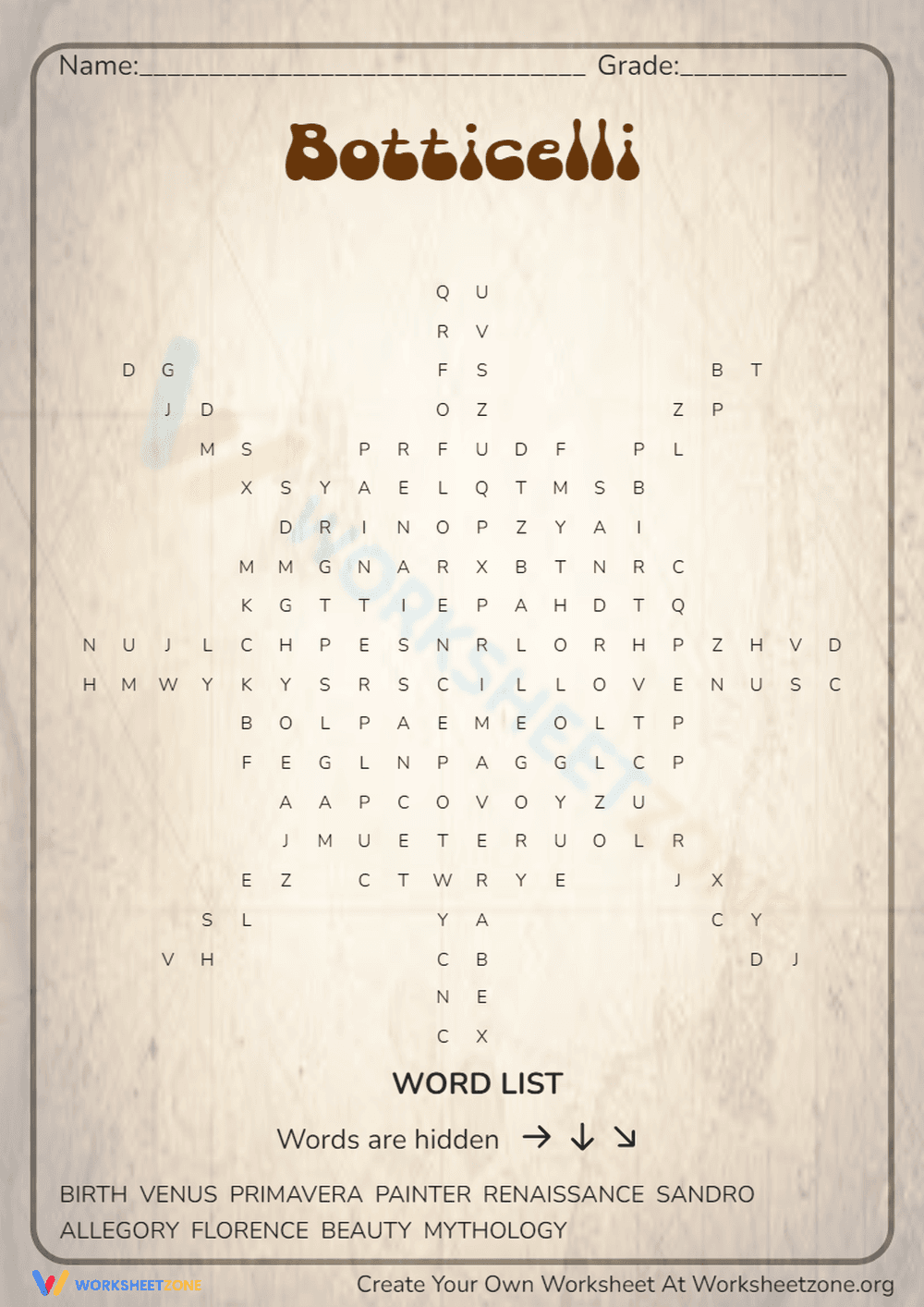Botticelli Word Search | Printable Grade 3 Art Worksheet - Page 1
