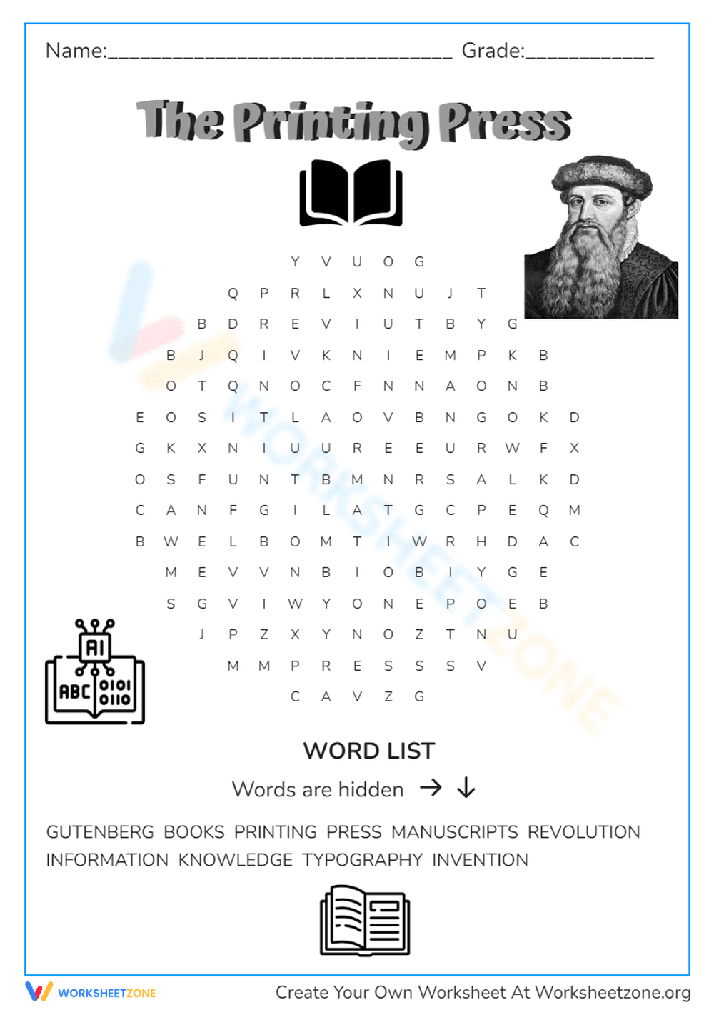 Printable Printing Press Word Search | Grade 3 - Page 1