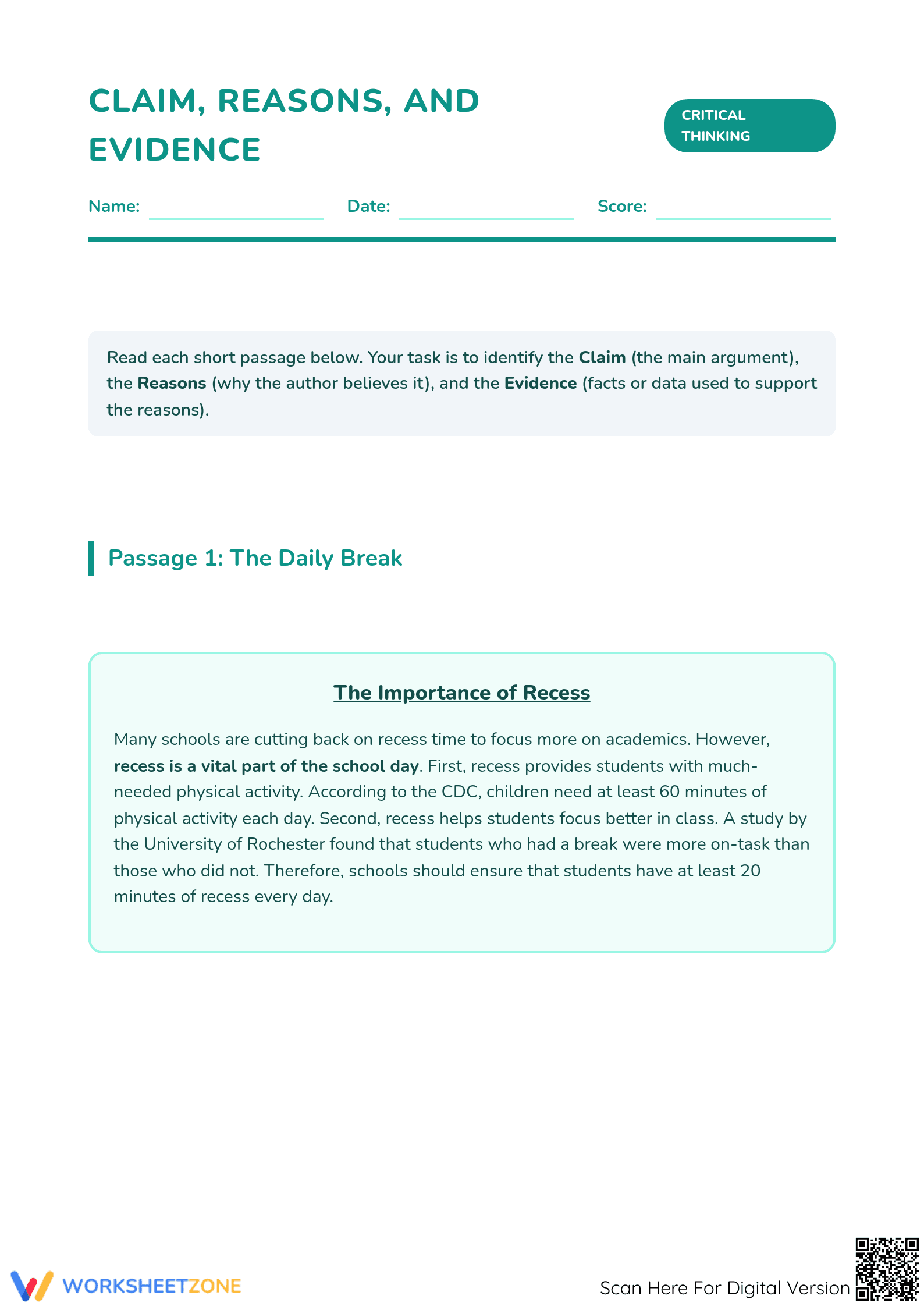 Strengthen Argument: Claim, Reasons, Evidence Worksheet - Page 1