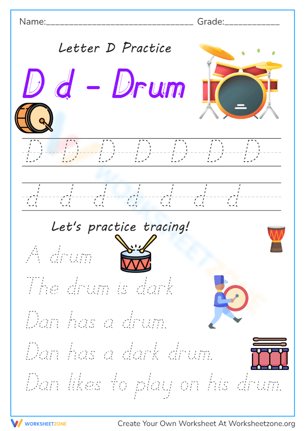Letter D is for Drum! Alphabet Tracing Practice Worksheet - Page 1