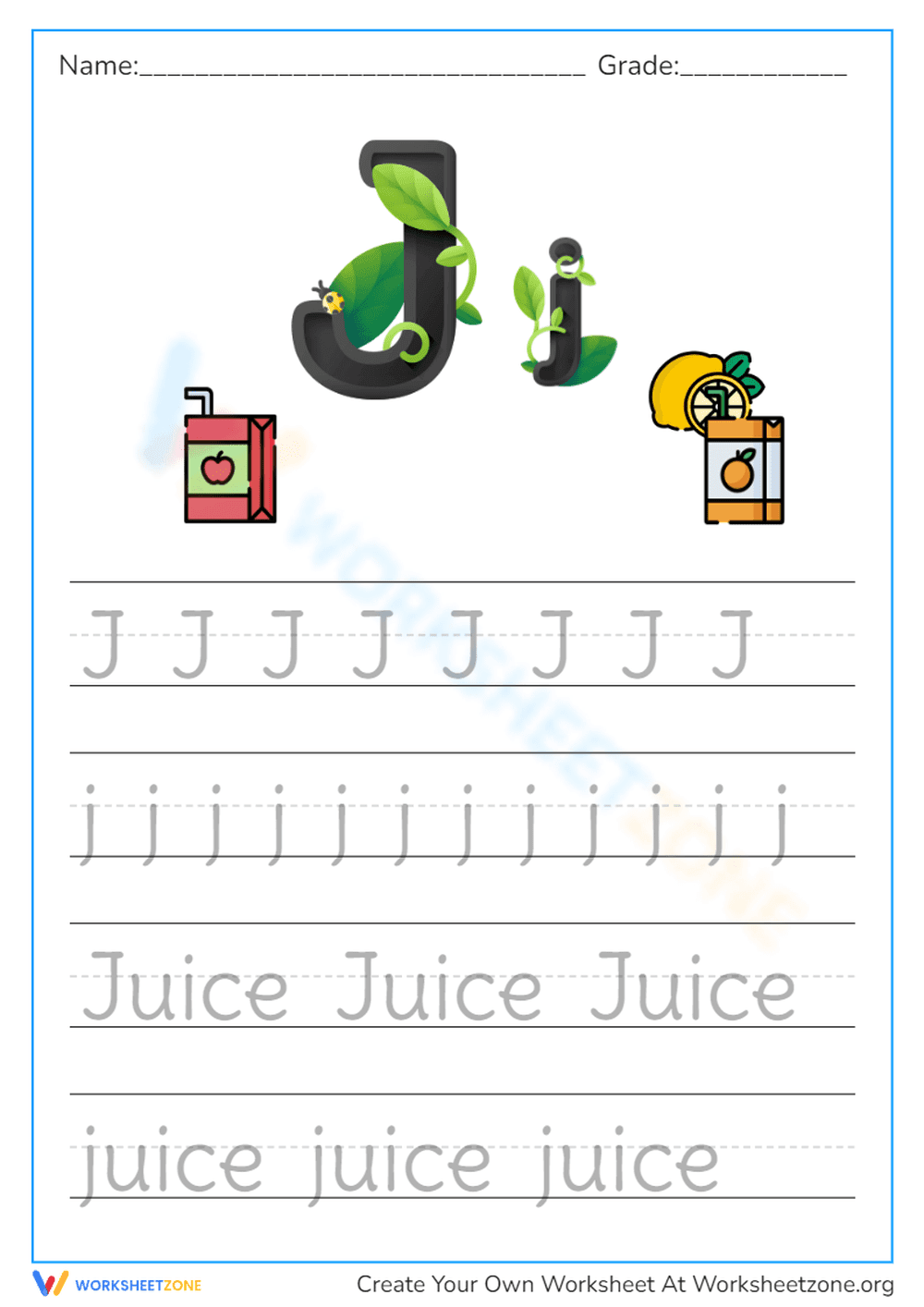 Letter J Tracing Worksheet | Grade K-1 Printable - Page 1